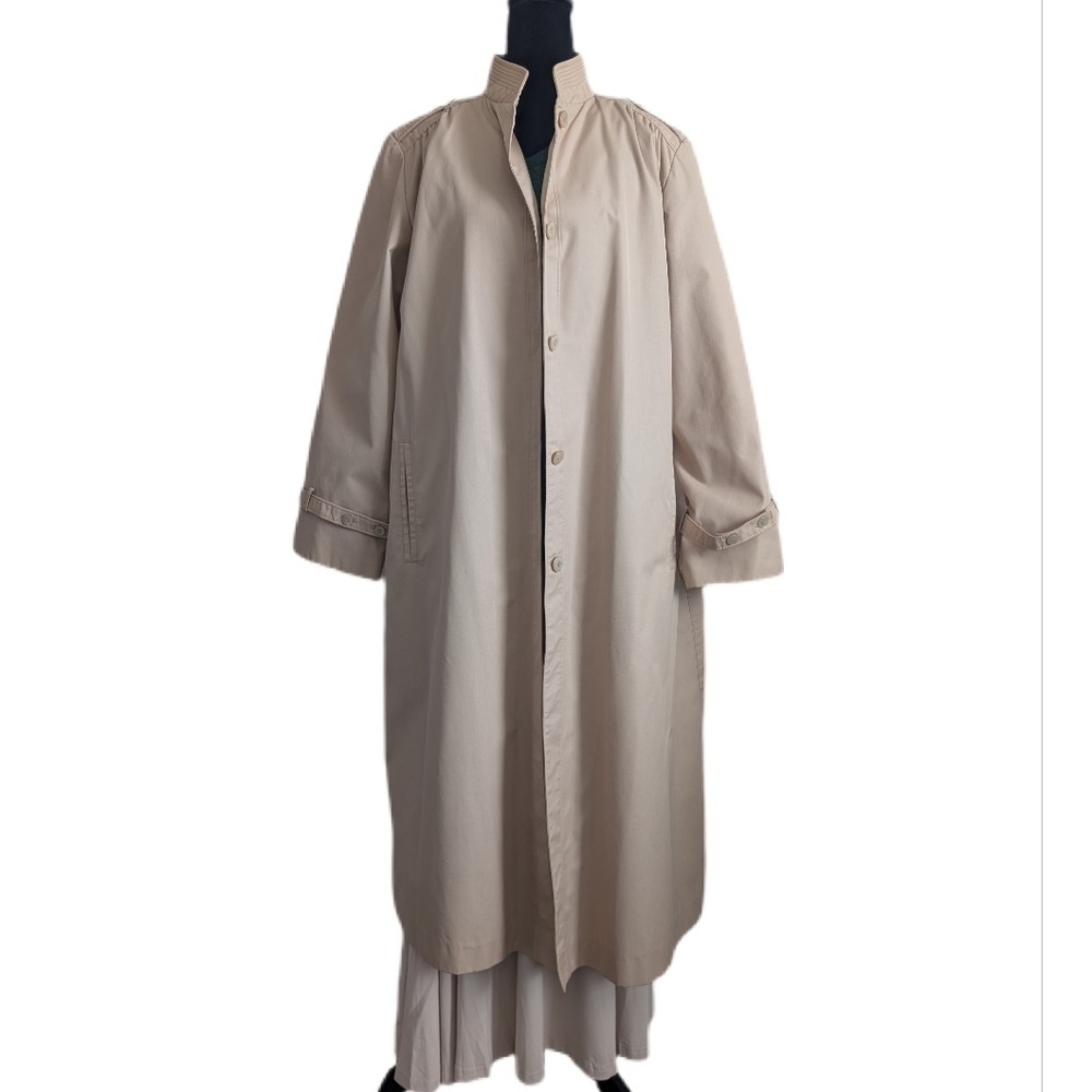 Vintage 1980s 90s Minimalist Polished High Collar Khaki Long Trench Coat